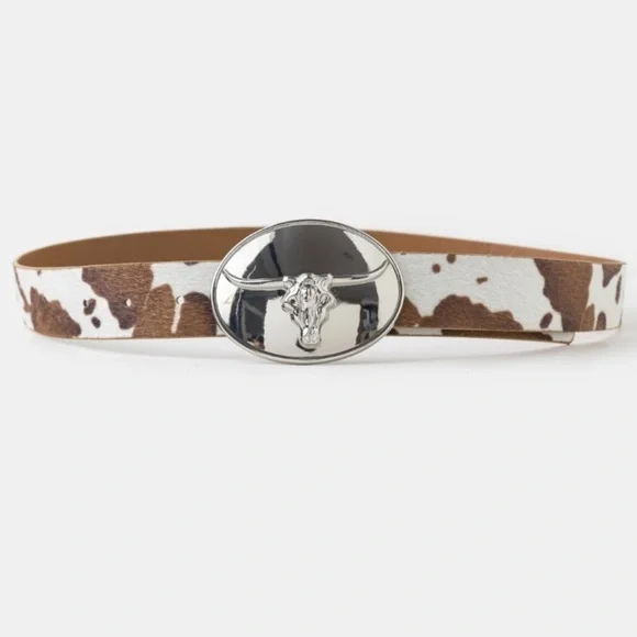 Longhorn Buckle Western Belt | Cowhide Print & Silver Statement Buckle 🤠✨ - Picture 6 of 7
